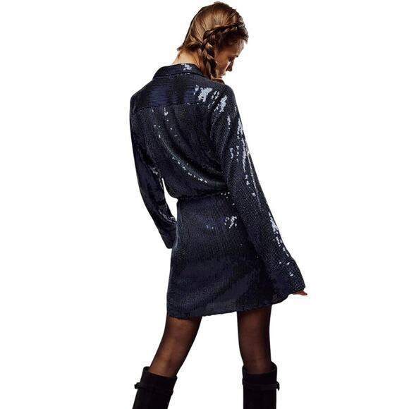 NWT Free People Sophie Sequin Mini Dress Navy Blue Longsleeve Button Up Dress S - Picture 2 of 16